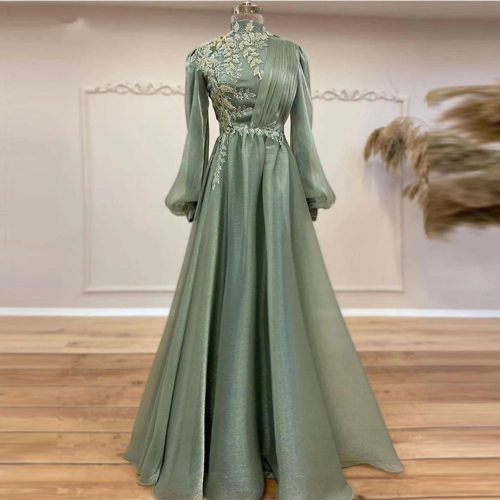 Pale Green High Neck Long Sleeves Lace Floral A Line Women Formal Evening Dresses 2022 Saudi Arabic Prom Gowns Robes De Soirée