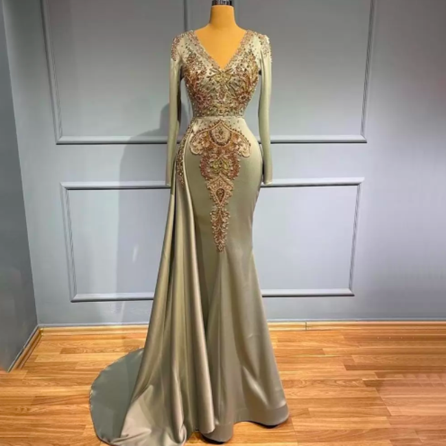 Muslim Mermaid Sage Green Overskirt Evening Dresses Gowns 2022 Luxury Elegant Beaded Satin For Women Party Occasion Prom Dress