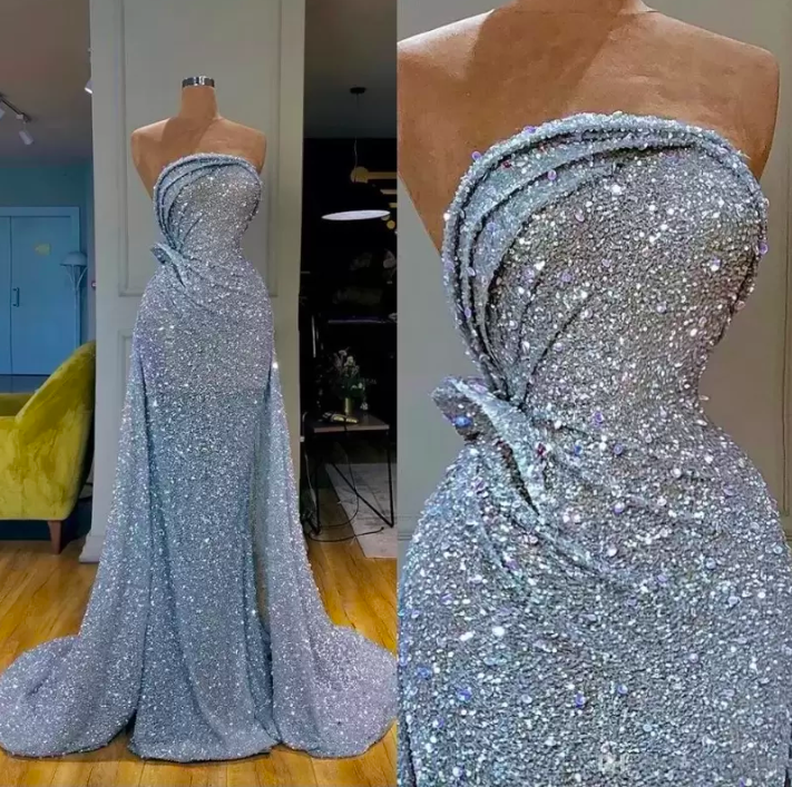 2022 Silver Mermaid Evening Dresses Sequined Ruched Draped Formal Evening Gowns Dress Evening Wear Robe De Soiree Abendkleider