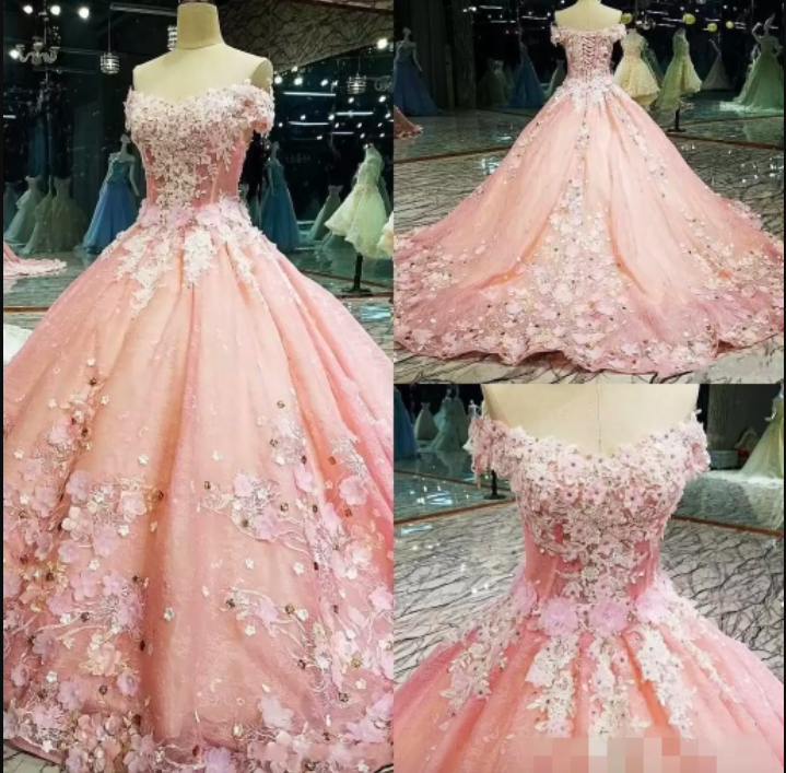 Pink Quinceanera Dresses 2022 Newest 3d Floral Applique Handmade Flowers Beaded Off The Shoulder Short Sleeves Prom Formal Evening Ball Gown