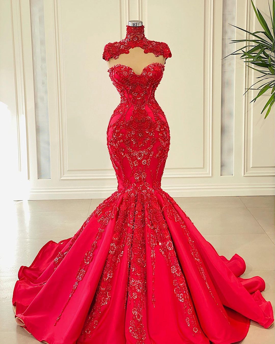 high neck prom dresses, red prom dresses, lace appliques prom dresses, beaded prom dresses, custom make evening dresses, cheap evening gowns, pearls prom dresses, mermaid evening dresses, 2022 formal dresses