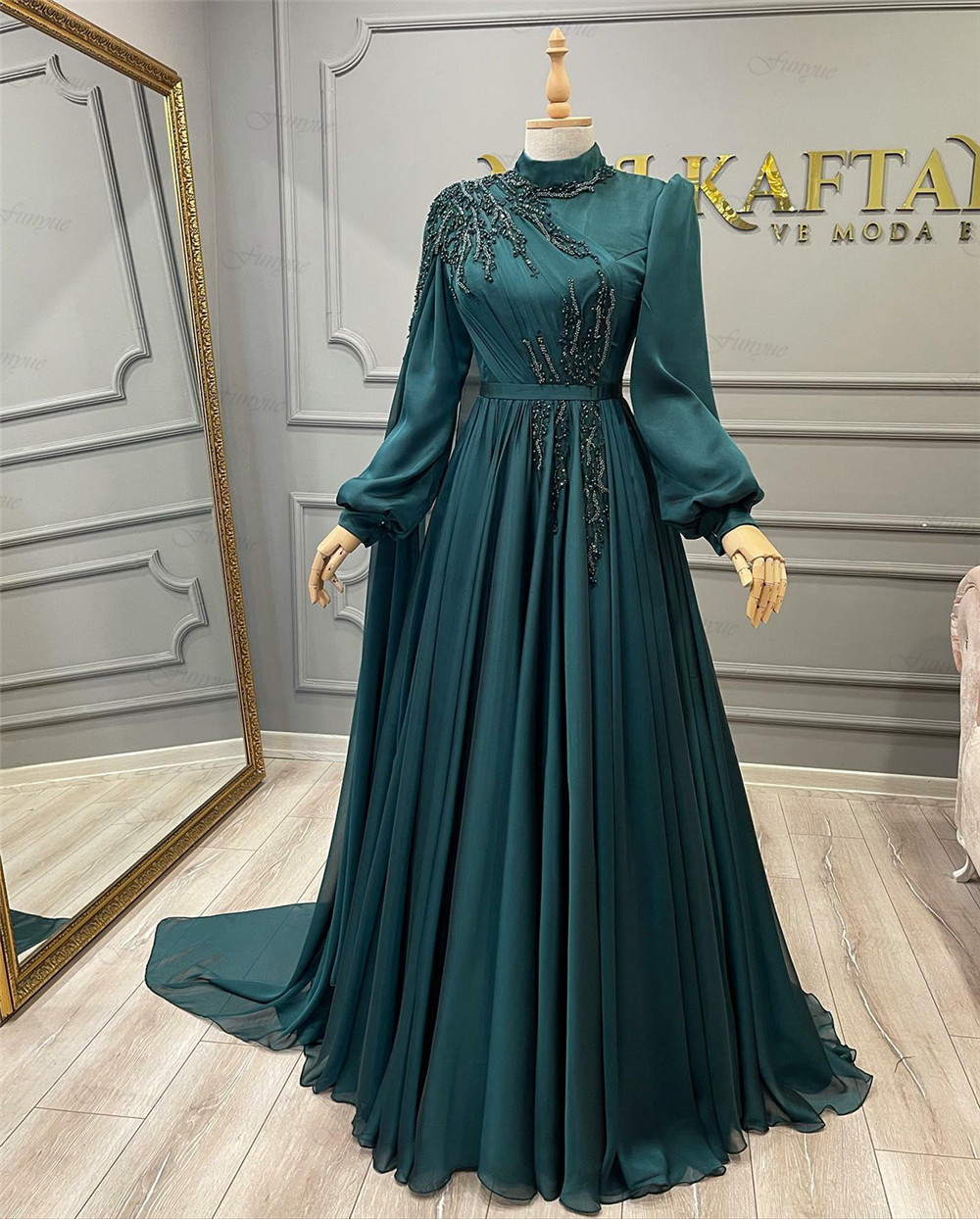 Abendkleider Teal A-line Long Sleeve Formal Dress Lace Beaded Chiffon Moroccan Caftan Muslim Evening Party Gowns 2022