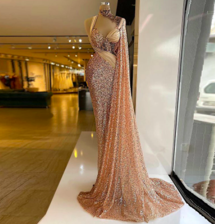 Glitter Mermaid Elegant Evening Dresses One Shoulder Wrap Long Train Sequins Sparkling Women Prom Pageant Gowns Custom Made