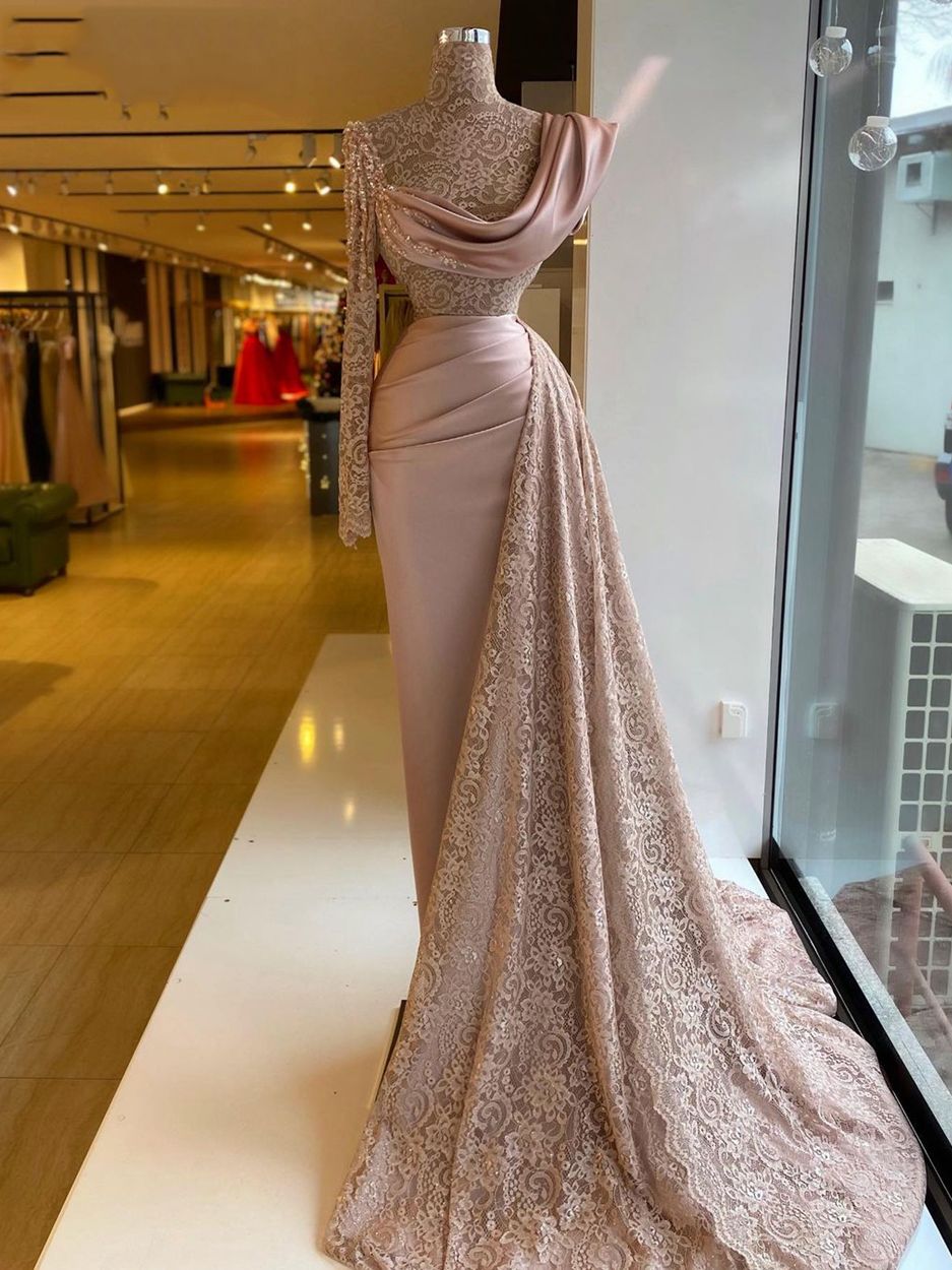High Neck Prom Dresses, Pink Evening Dresses, Lace Evening Gowns, Fashion Evening Gowns, Long Sleeve Prom Dresses, Satin Evening Dresses, Lace
