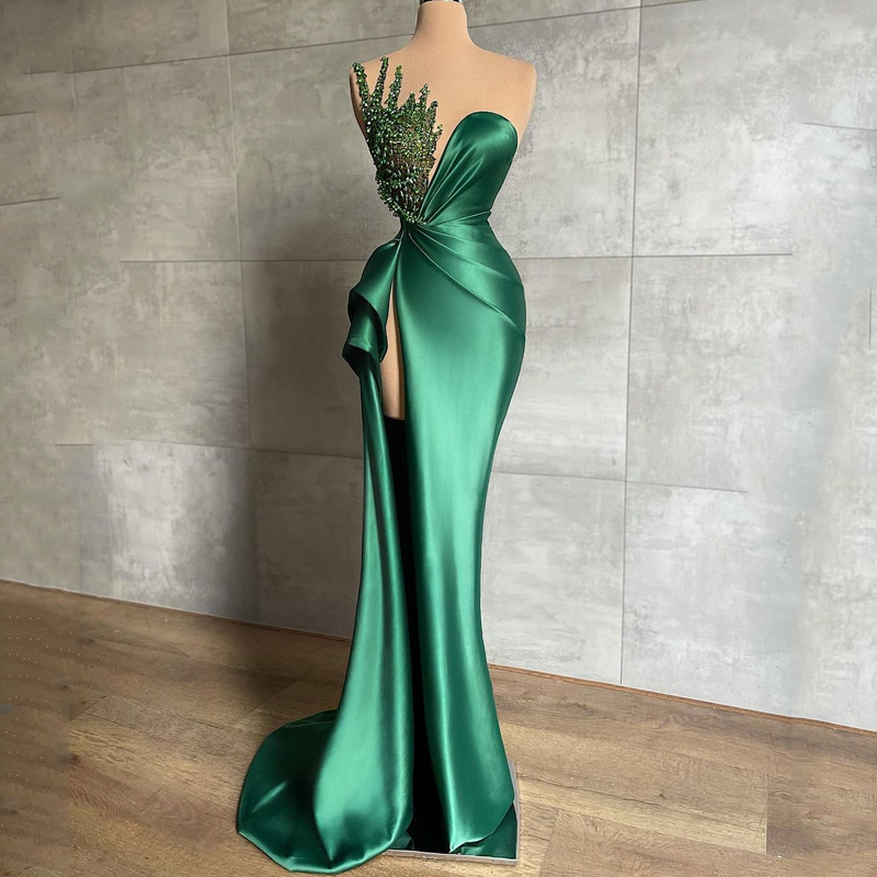 Sexy Prom Dresses Beadings Floor Length Mermaid Evening Dress High