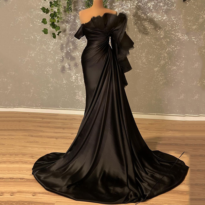 Sexy Prom Dress Black Mermaid Floor Length Evening Gowns Dresses One Shoulder Satin Tulle Saudi Arabia Duabi Plus Size