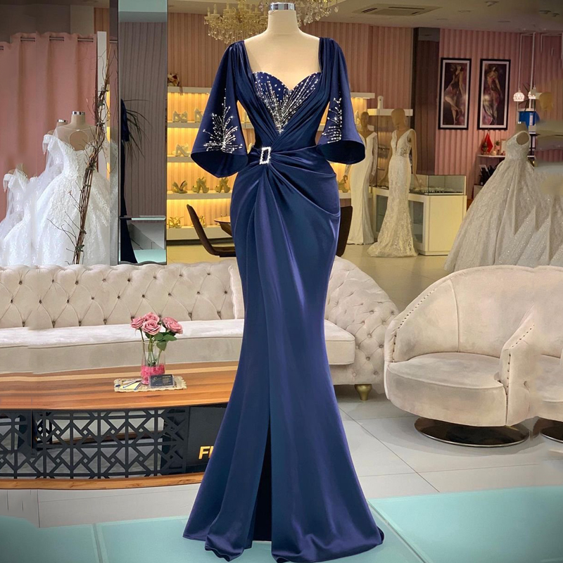 Sexy Prom Dresses Sweetheart Evening Dress Beaded Split Mermaid Saudi Arabia Satin Night Cocktail Party Gown Plus Size