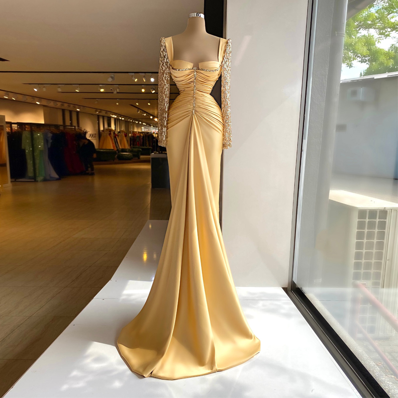 Yellow Prom Dresses Formal Long Sleeve Satin Evening Dress Saudi Arabia Mermaid Sequins Long 2021 Cocktail Party Gowns