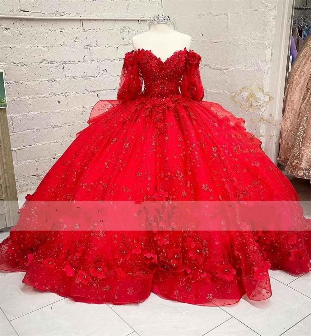 Ball Gown Prom Dresses, 2022 Off The Shoulder Evening Dress, Long Sleeve Prom Dresses, Arabic Evening Dresses, 3d Flowers Prom Dresses, Puffy