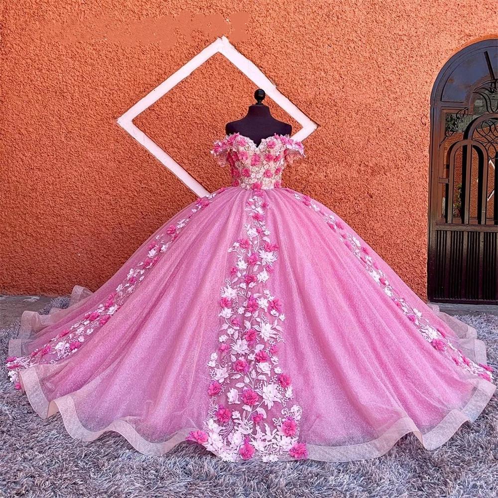 Pink Prom Dresses, 2022 Prom Dresses, Sweetheart Evening Dresses, Hand Made Flowers Evening Gowns, Puffy Evening Dresses, 3d Flowers Evening