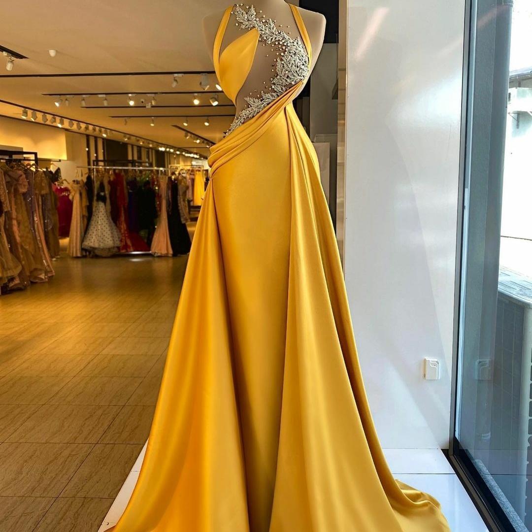 Yellow Prom Dresses, 2022 Prom Dresses, Beaded Prom Dresses, Lace Prom Dresses, Pearls Prom Dresses, Custom Make Prom Dresses, Arabic Prom