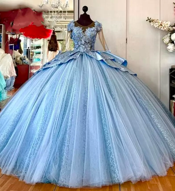 Puffy Prom Dresses, Ball Gown Evening Dresses, Quinceanera Evening Dresses, Lace Evening Dresses, Long Sleeve Prom Dresses, Lace Evening Dresses,