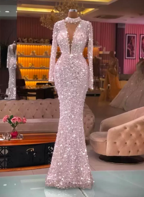 White Prom Dresses, Long Sleeve Prom Dresses, Sparkly Evening Dresses, Deep V Neck Formal Dresses, Fashion Evening Gowns, Arabic Evening Gowns,