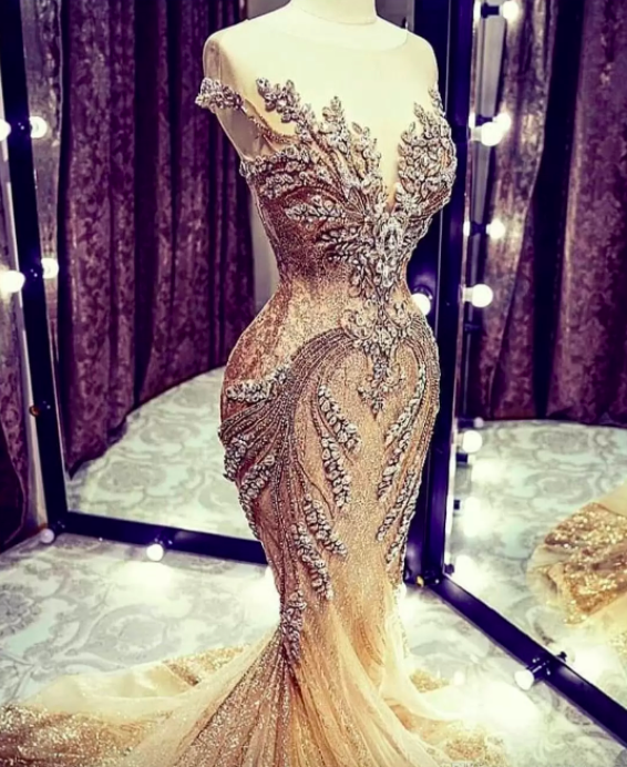 Luxury Prom Dresses, Sparkly Evening Dresses, Mermaid Evening Dresses, Champagne Evening Dresses, Court Train Evening Gowns, Beaded Evening