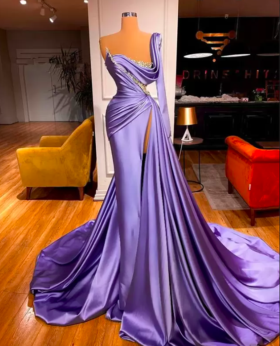 Party Dresses, Fashion Evening Gowns, Purple Evening Dresses, Pleats Evening Gowns, Side Slit Evening Dresses, Long Sleeve Prom Dresses, 2022