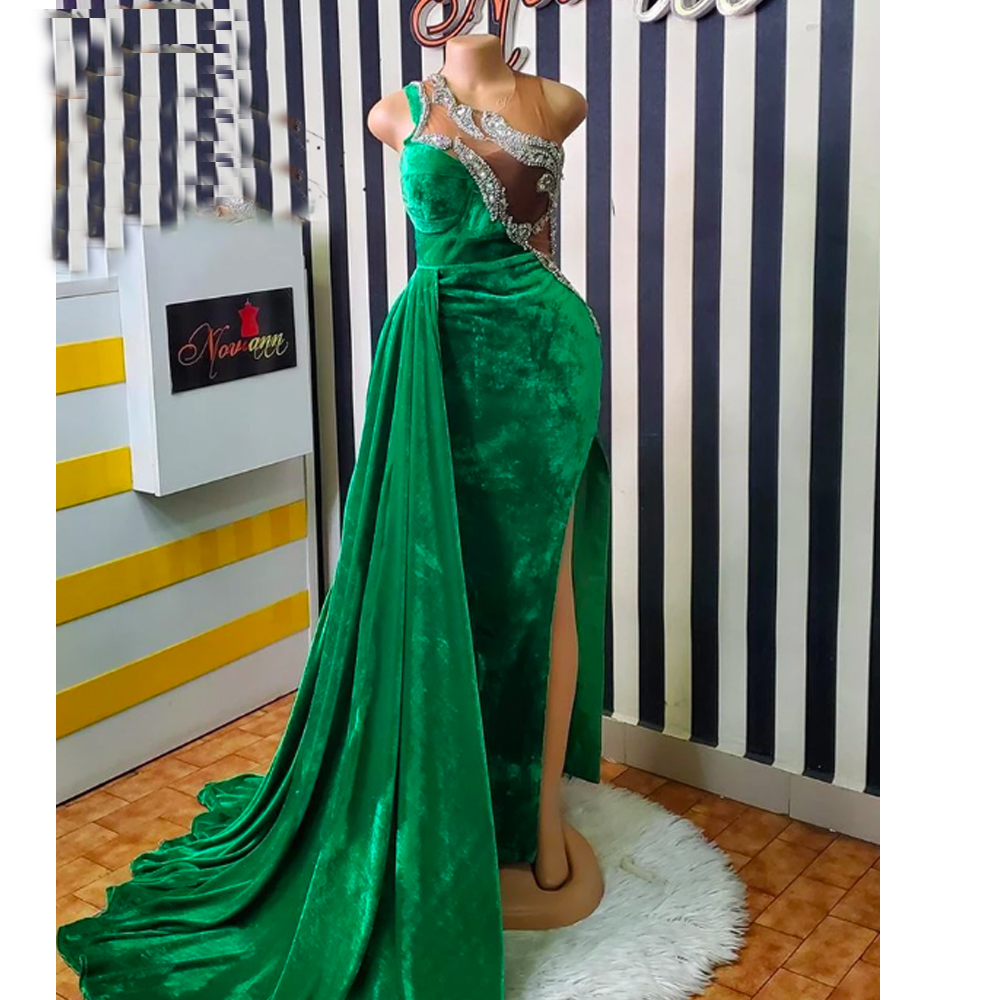 Green Prom Dresses, Beaded Prom Dresses, Crystal Evening Dresses, Sheer Crew Evening Dresses, Mermaid Prom Dresses, Fashion Evening Gowns,