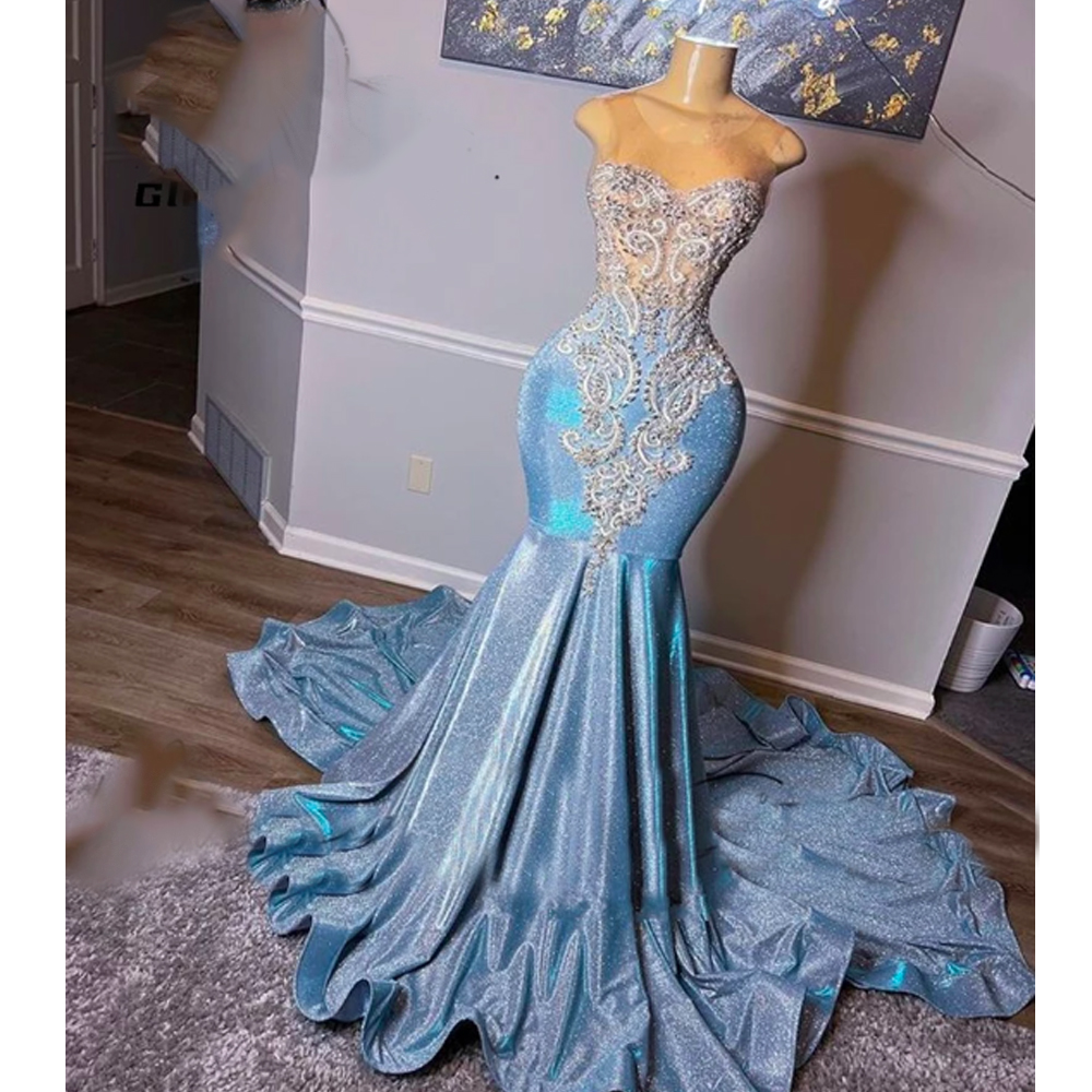 Light Blue Prom Dresses, Crystal Evening Dresses, Sequins Evening Gowns, Mermaid Prom Dresses, Court Train Evening Dresses, Beaded Evening Gowns,