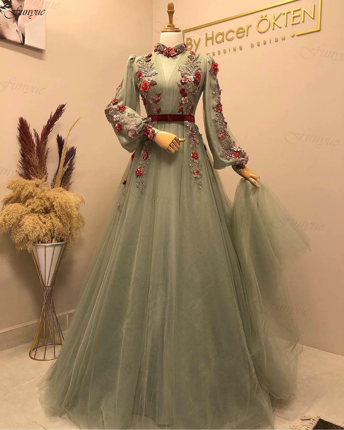 Elegant Mint Green A-line Prom Dress Long Sleeves Formal Party Dresses Flowers Beads Lace Tulle Muslim Evening Gowns 2022