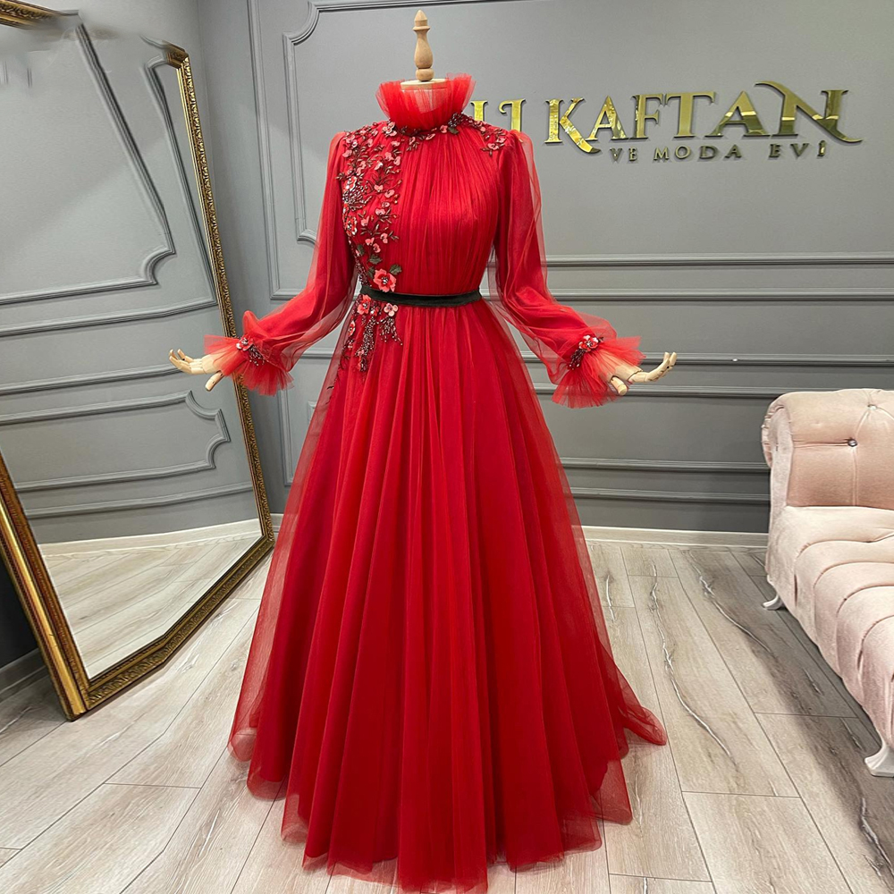 Elegant Long Sleeves Formal Dresses For Women Flowers Red A Line Tulle Arabic Dubai Evening Party Gowns Prom Robes De Soirée