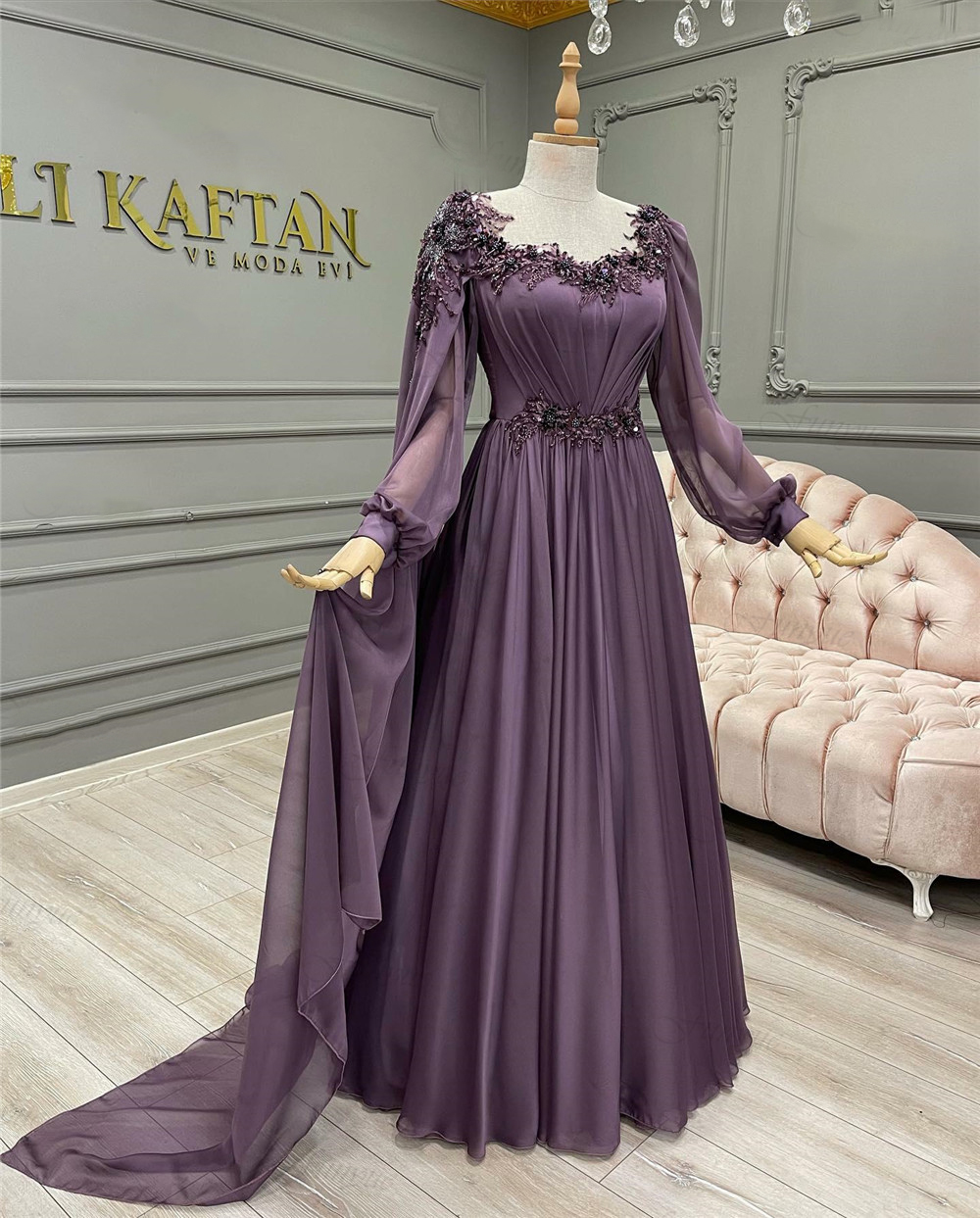 Abendkleider Purple A-line Long Sleeve Formal Dress Lace Beaded Chiffon Moroccan Caftan Muslim Evening Prom Gowns
