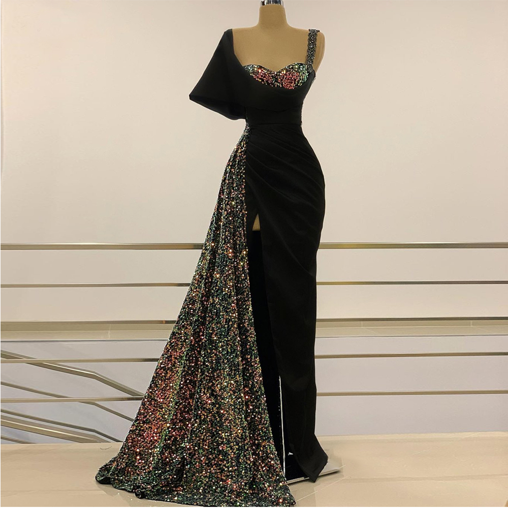 Black Satin Mermaid Evening Dresses 2022 Sweetheart Sequin Beaded Straps Formal Prom Gowns Long Vestidos De Fiesta