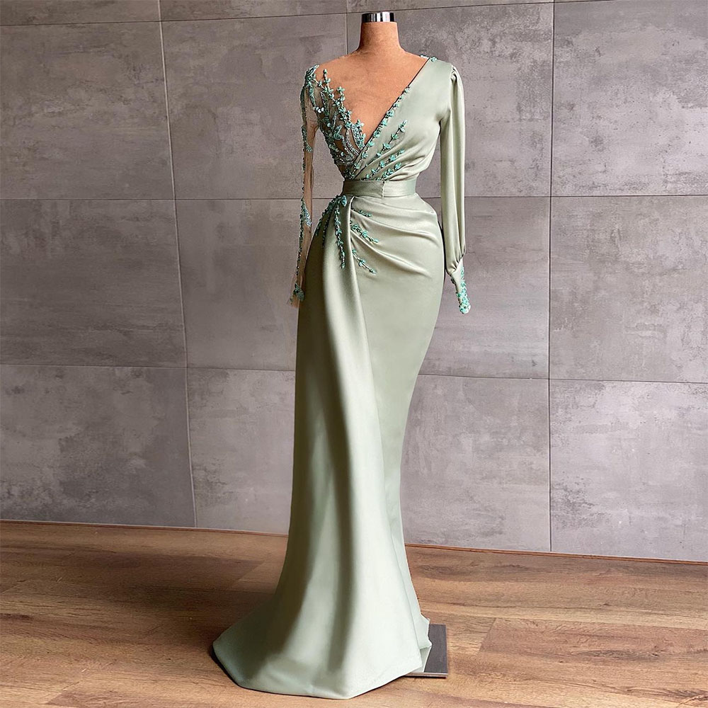 Exquisite Beading Satin Mermaid Prom Dresses Long Sleeves V-neck Evening Gown Pleats Dubai Women Formal Party Gown