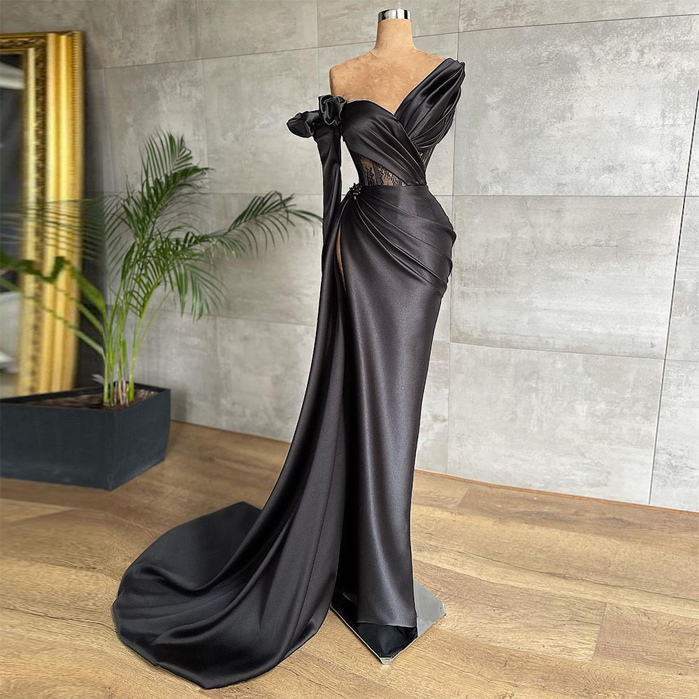High Side Split Black Satin Mermaid Prom Dresses Lace Beading Pleat Ruched Evening Gowns Dubai Women Formal Party Dress
