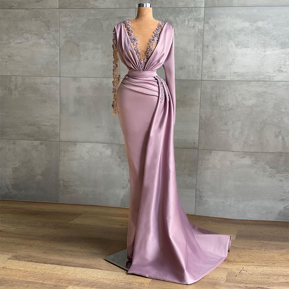 Lace Appliques Beading Satin Mermaid Prom Dresses V-neck Long Sleeve Evening Gown Pleats Dubai Women Formal Party Gown