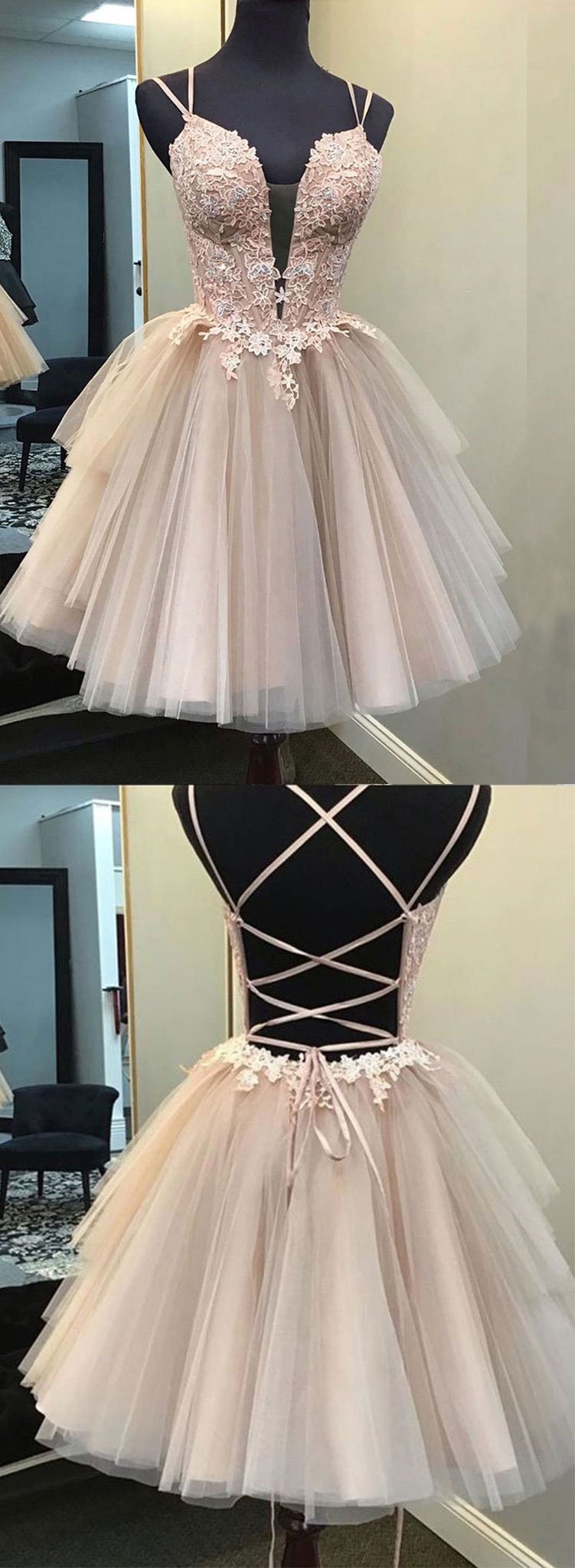 Sweet Cute Short Homecoming Dresses Deep V-neck Spaghetti Strap Lace Applique Ruffles Tulle Ball Gown Women Prom Party Gowns