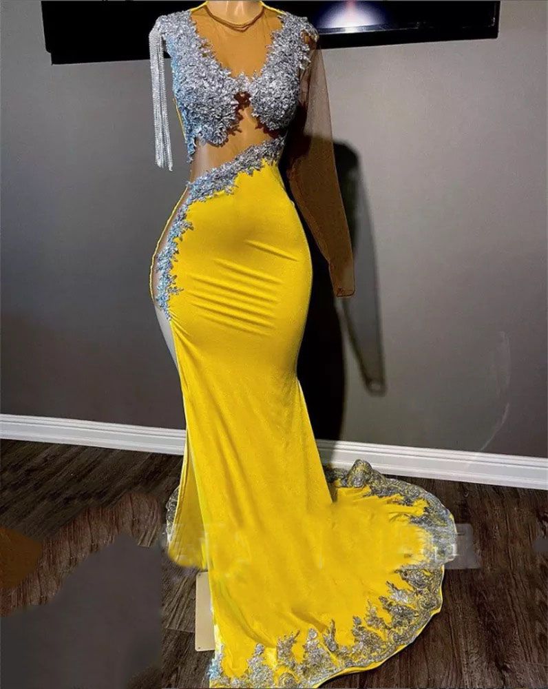Sexy Yellow Mermaid Prom Dresses 2022 For Black Girl Long Sleeve With Tassels High Slit African Women Formal Evening Party Gowns