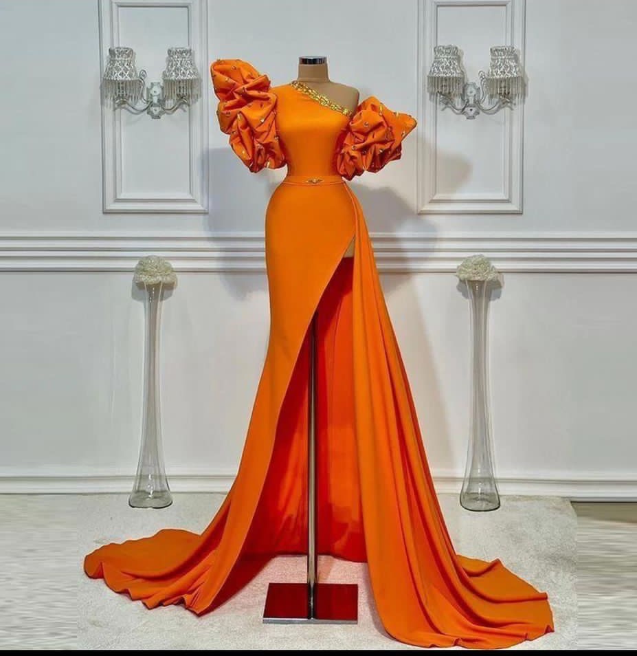 Soft Satin One Shoulder Evening Dresses Long 2022 Bead Ruffle Puffy Sleeves High Slit Orange Women African Black Girl Prom Gowns