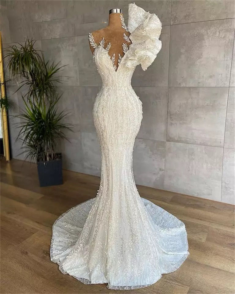 Cutstom Made Mermaid Lace Wedding Dresses Long Luxury 2022 Celebrity Beads Ruffle Crystal Bride Bridal Gown Plus Size