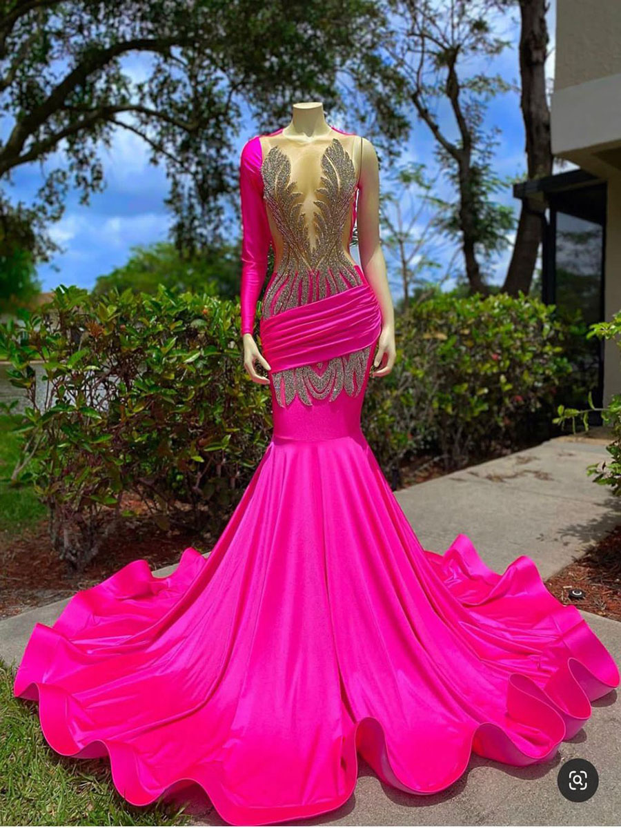 Sexy Open Back Pink Prom Dresses Mermaid 2022 Luxury For Black Girl Beads Long Sleeve Women Formal Evening Gown For Wedding