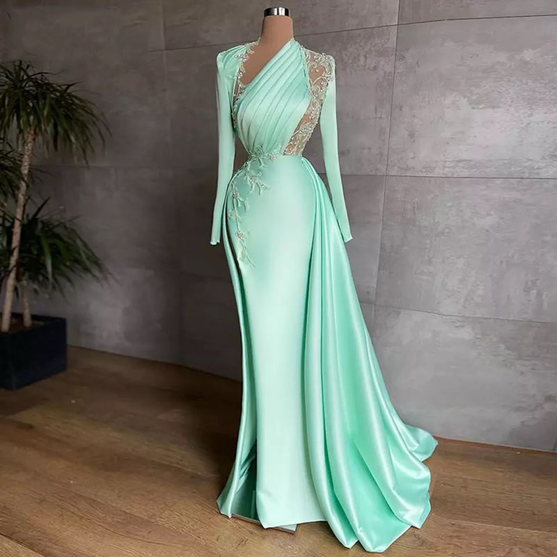 Mint Green Evening Dresses For A Wedding 2022 Luxury Long Sleeves Mermaid Satin Lace Beads Women Elegent Formal Prom Party Gowns