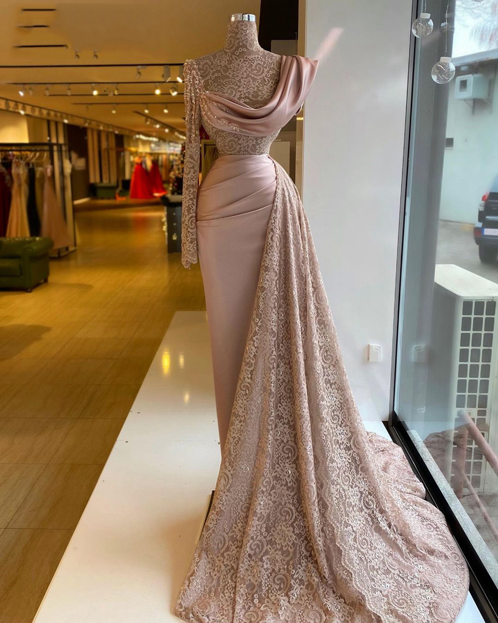 Elegent Mermaid Lace Evening Dresses Gowns Long 2022 One Sleeve Sheer High Neck Formal Evening Party Gown For Women Plus Size