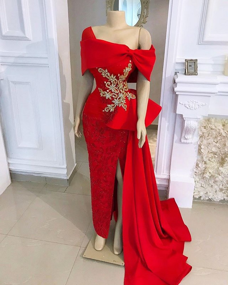 African Red Mermaid Evening Dresses Long Luxury 2022 Off Shoulder Beaded With Satin Overskirt Formal Dress Party Gown