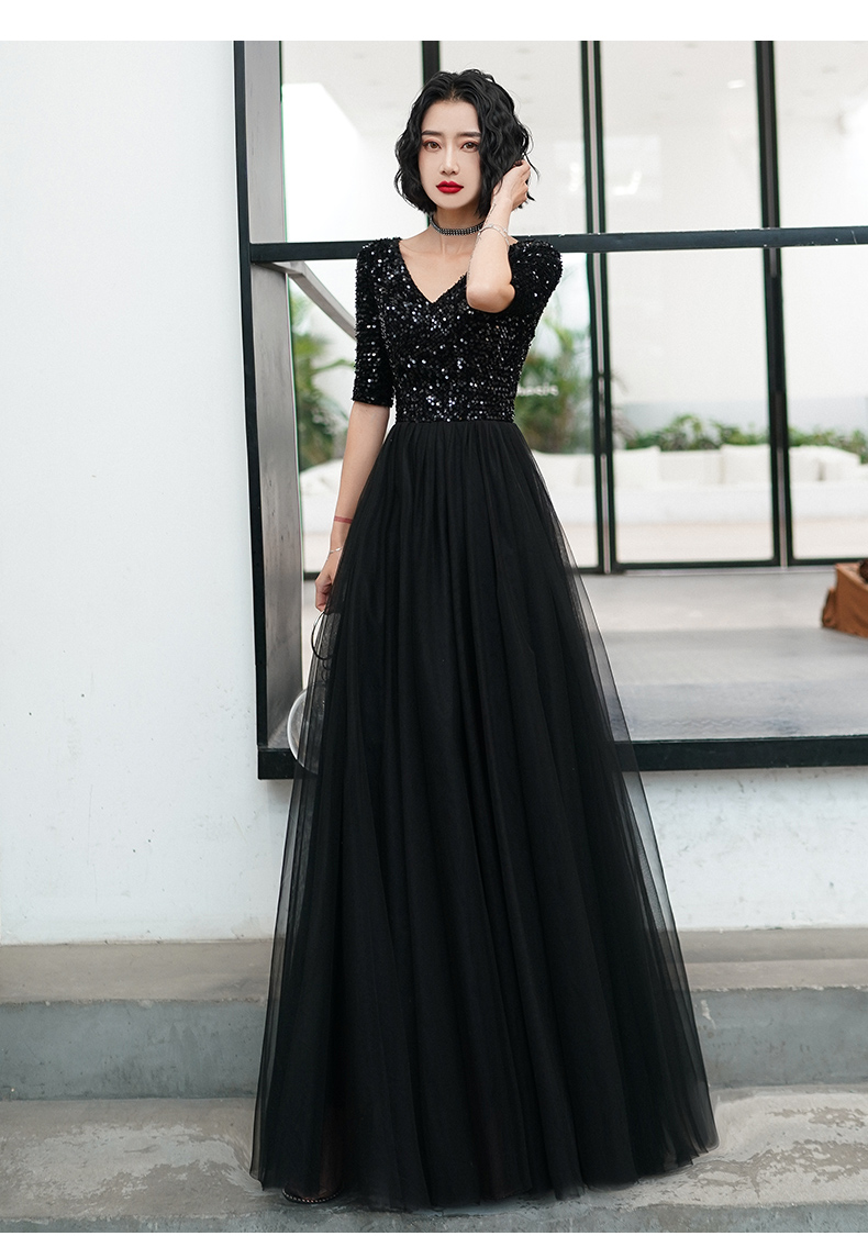 Black Prom Dresses V Neck Sequins Sparkly Short Sleeve Tulle A Line Floor Length Long Evening Dresses Gowns