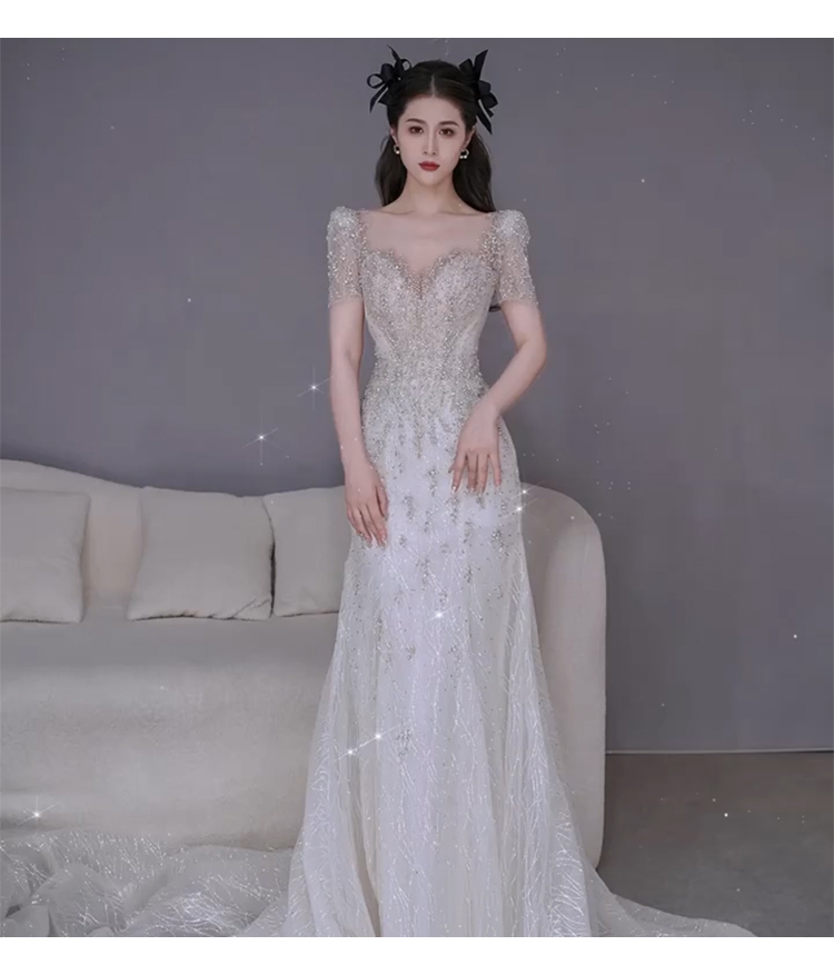 Mermaid Wedding Dresses 2022 Short Sleeve Sheer Crew Neckline Lace Appliques Sparkly Long Bridal Dresses Vestidos De Noiva