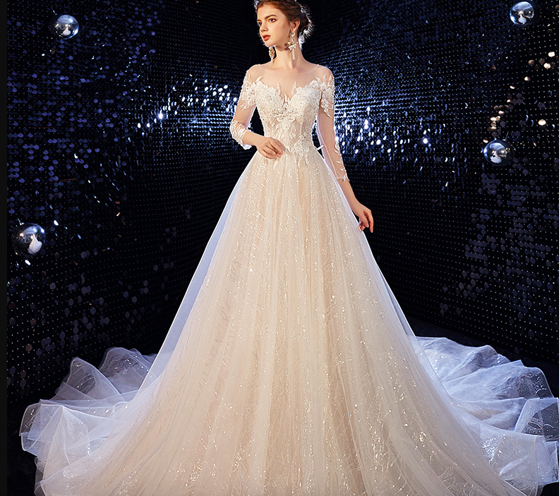 Long Sleeve Wedding Dresses Lace Appliques Sparkly Sequins Long Beading ...