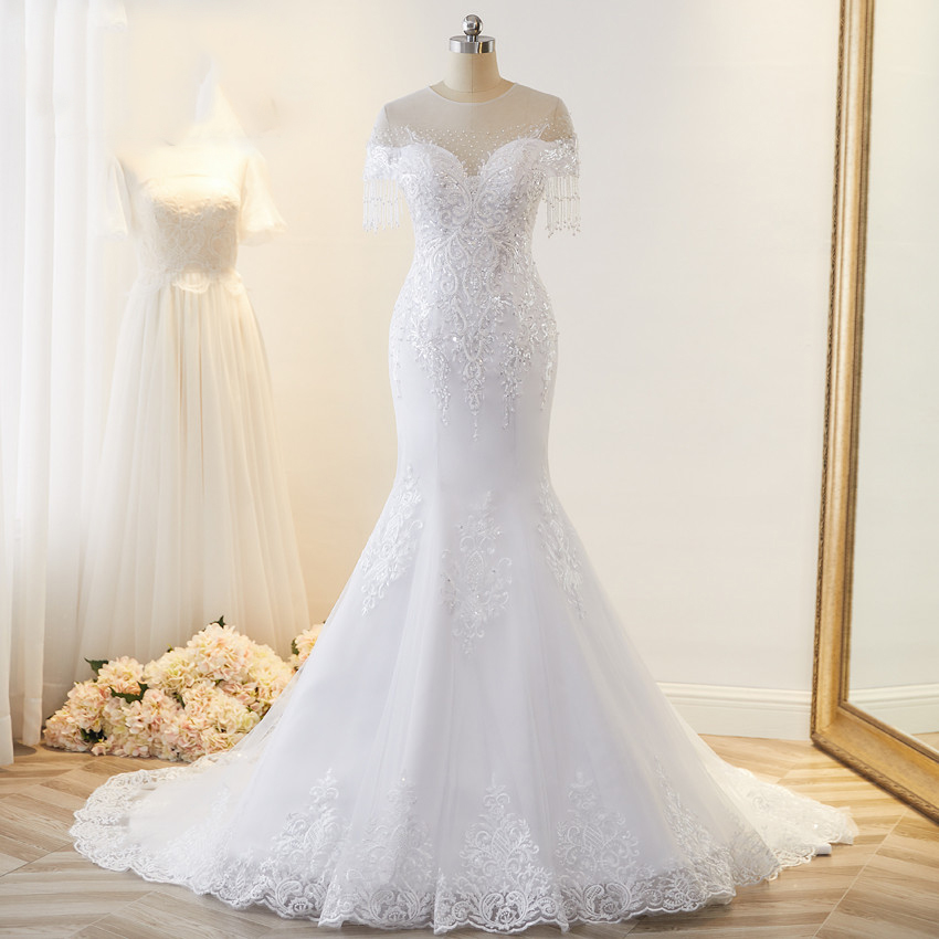 Beautiful Beaded Lace Mermaid Wedding Dresses 2022 Sheer Neck Pearls Tassel Sleeves America And Europe Wedding Dress