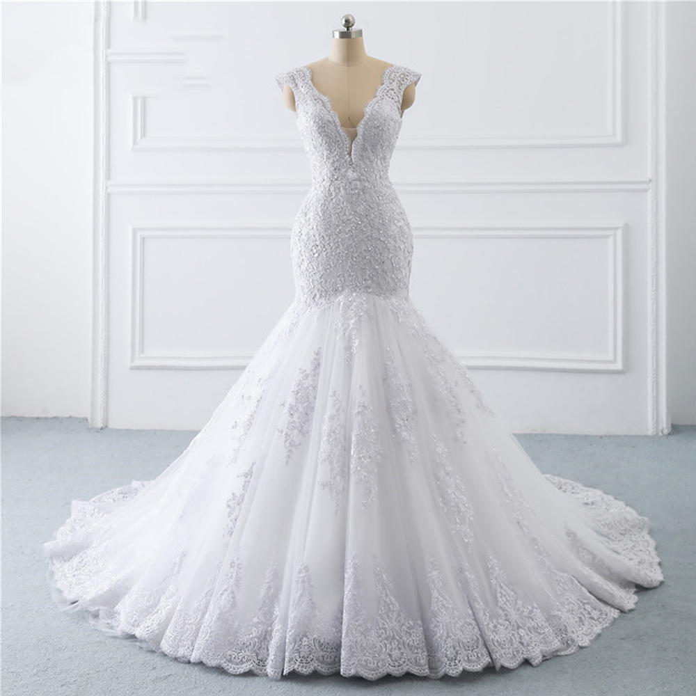 2022 Mermaid Wedding Dresses Sleeveless White V Neck Lace Bridal Dress Marriage Custom Made Vestidos De Novia платье