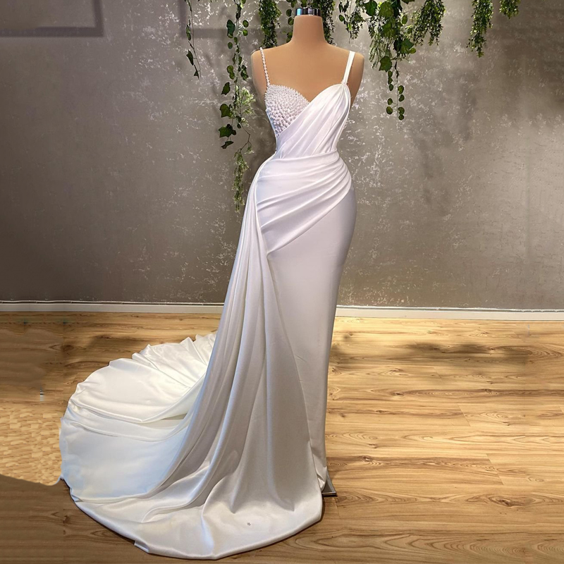 Wedding Dresses For Women Charming 2022 Sleeveless Pearls Bride Dress White Mermaid Floor Length Robe De Mariee Customize