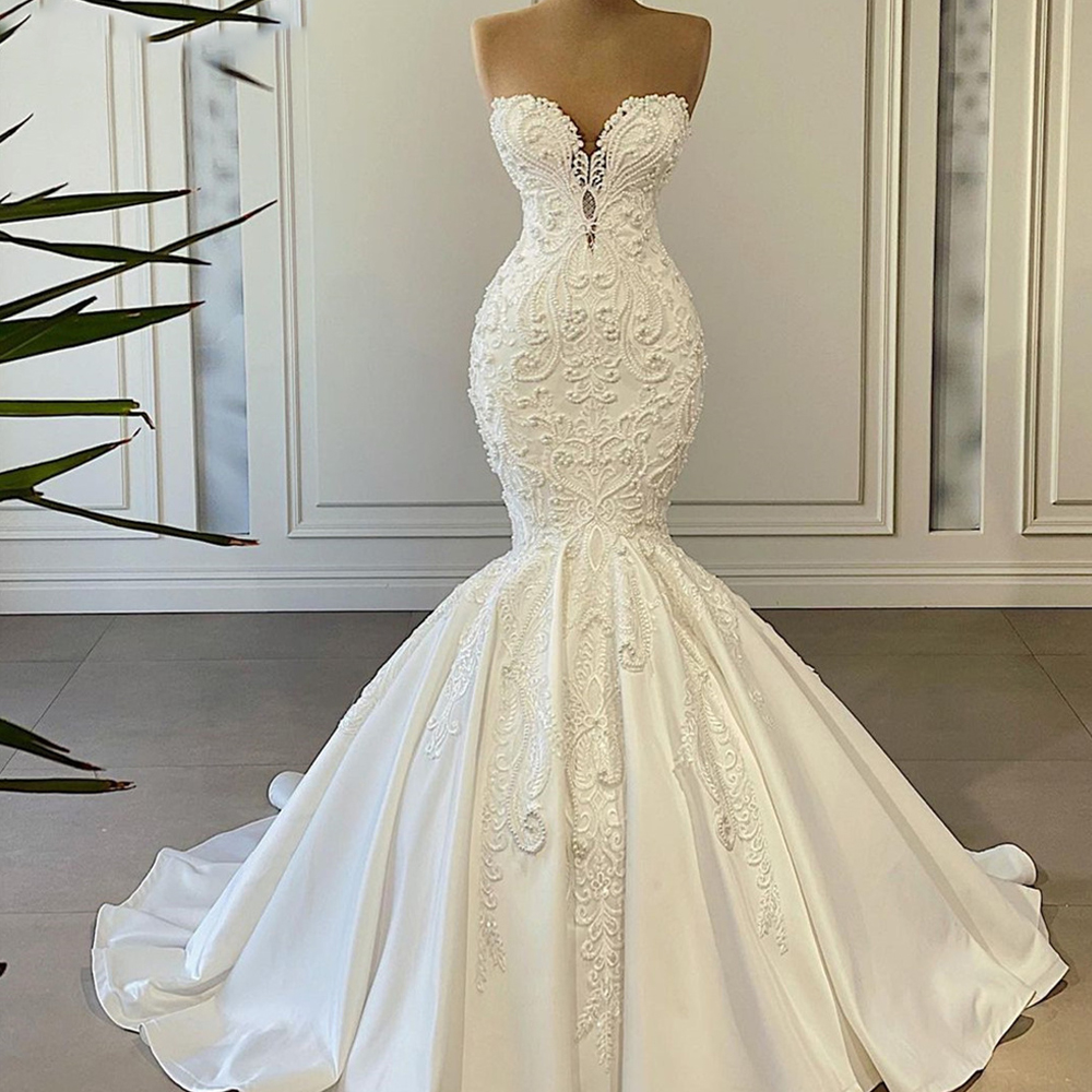 Sexy Luxury Mermaid Sweetheart Tulle Lace Crystal Pearls Wedding Dresses Women Bride Gowns Custom Size