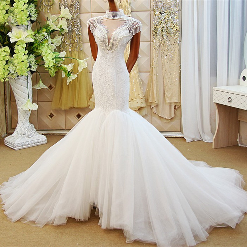 Mermaid Pullfy Tulle Lace Crystal Pearls Sexy Formal Wedding Dresses 2022 Real Photo Luxury Wedding Gown Custom Made