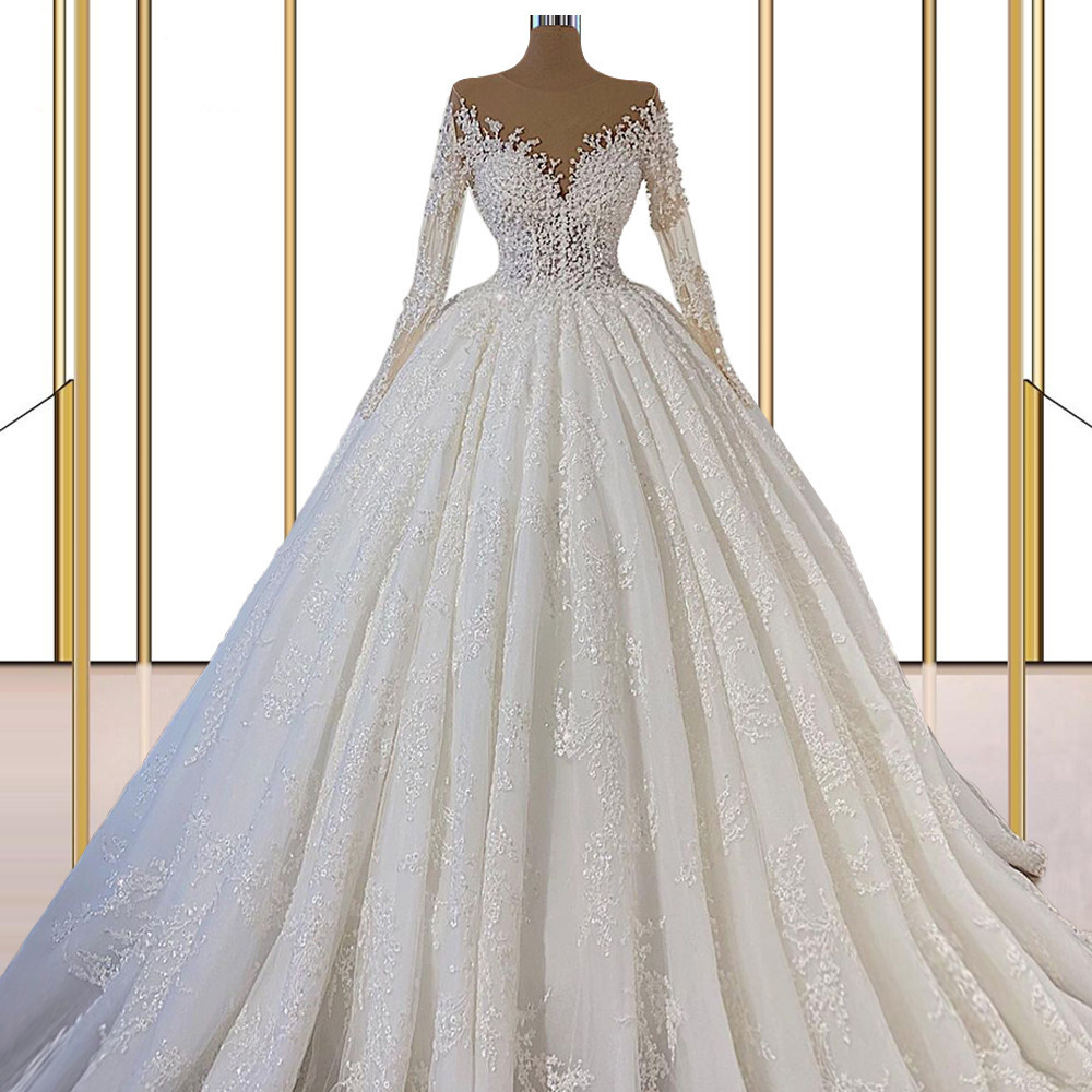 Luxury Princess Wedding Dresses Long Sleeve Tulle Lace Crystal Beaded Appliques Formal Bride Dress Custom Make