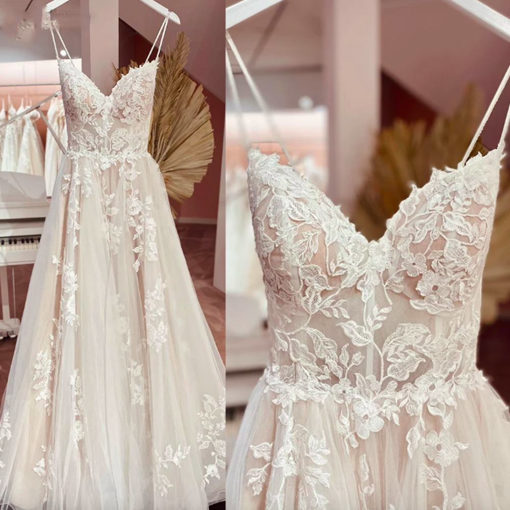 Vintage Champagne Tulle Wedding Dress 2022 A-line Lace Appliques V Neck Backless Bridal Gown Abito Da Sposa