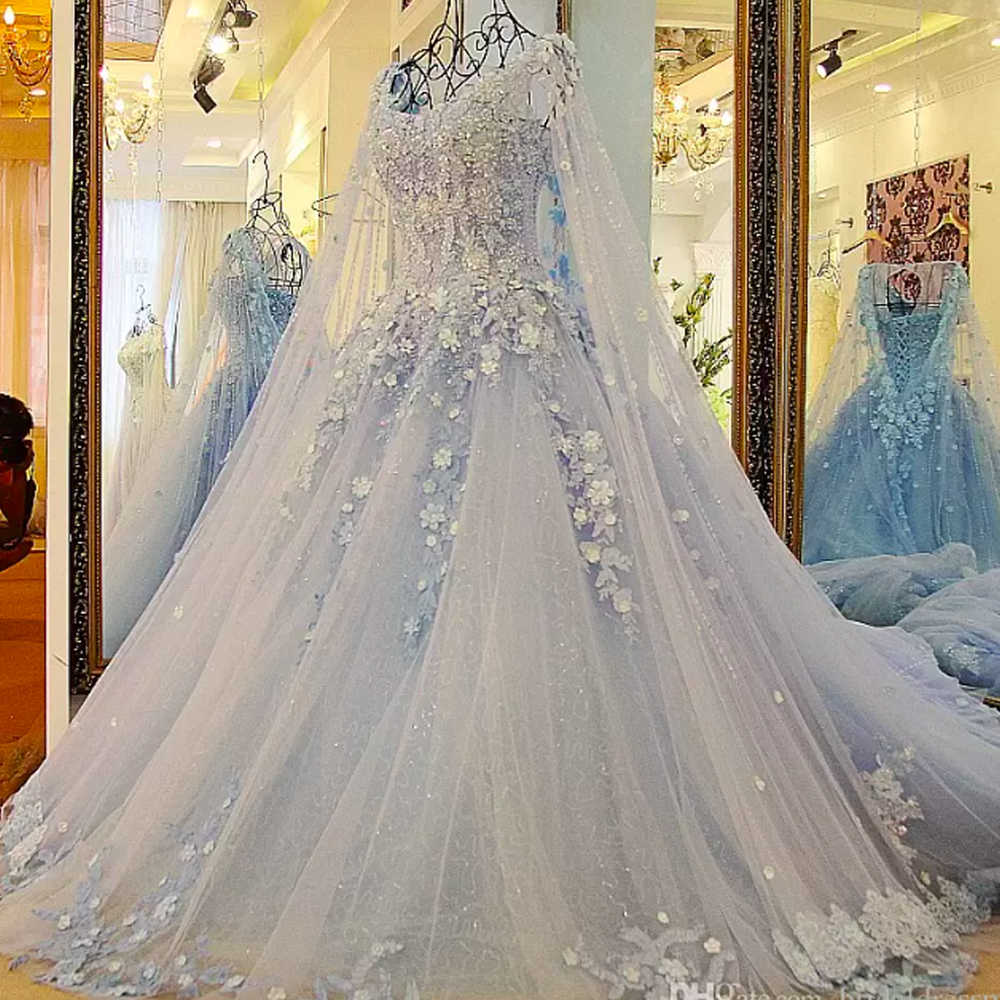 Dubai Sky Blue Wedding Dresses With Long Cloak Crystal Pearls Puffy Bridal Ball Gowns Robe De Mariee 2022 Appliques Casamento
