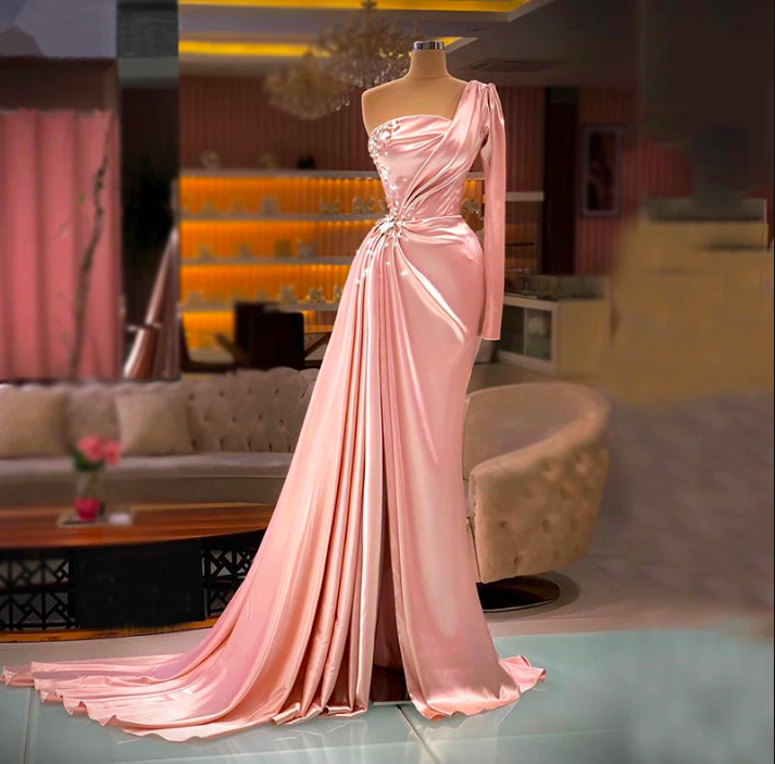 Pink Prom Dress, Satin Prom Dresses, Evening Dresses, One Shoulder Party Dresses, Long Sleeve Formal Dresses, Fashion Evening Gowns, Custom