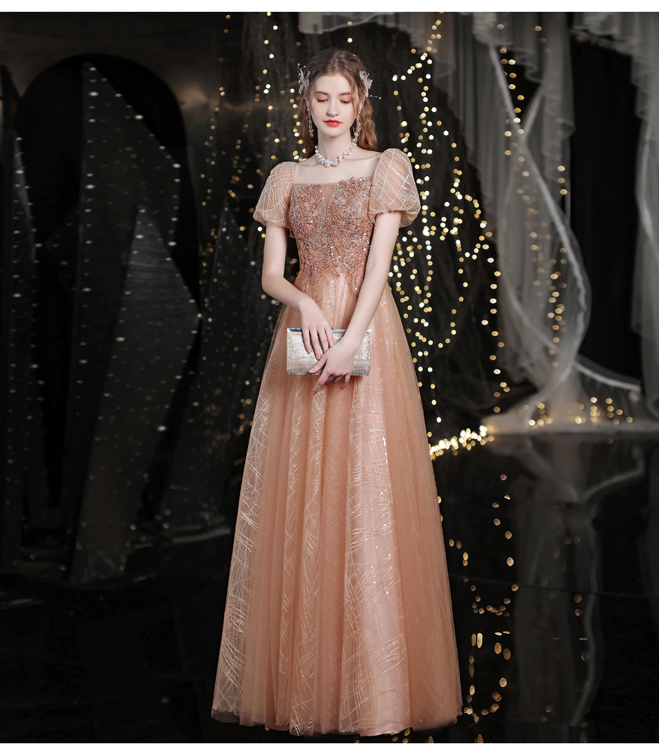 Puff Sleeves Boat Neck Prom Dresses Long Elegant A Line Gold Tulle Formal Evening Dress Woman Prom Party Dresses