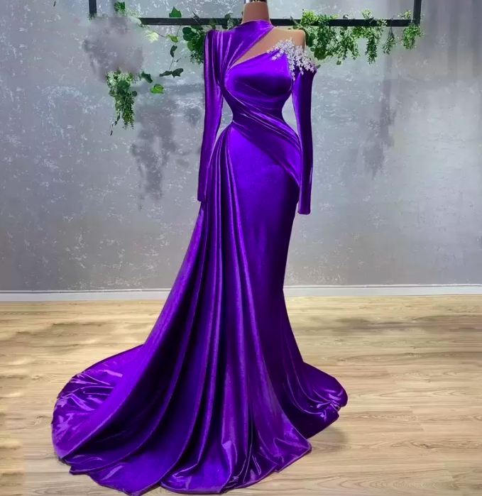 Luxury Mermaid Purple Evening Dresses With Beaded Crystals Long Sleeve Velvet Satin Party Occasion Gowns Pleats Ruffles Prom Dress Wears